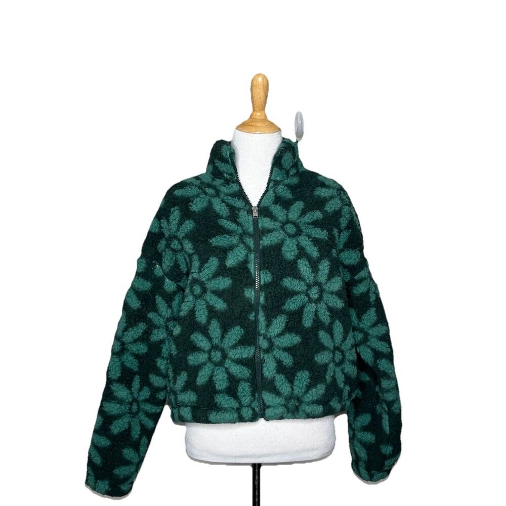 Hollister Green Floral Sherpa Fleece Fuzzy Cropped Zip Up Jacket Size Medium